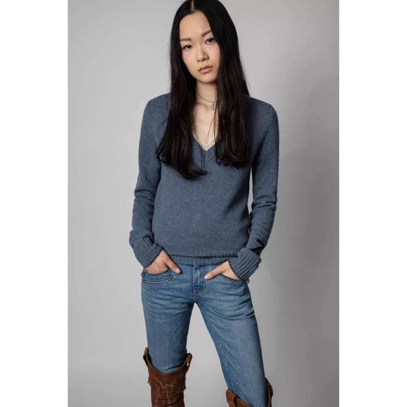 Zadig & Voltaire Sourca Cashmere V-Neck sweater NWT S Denim color - Picture 1 of 13